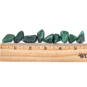 May include: Seven green malachite tumbled stones are lined up on a wooden ruler, measuring approximately 5 inches in length.