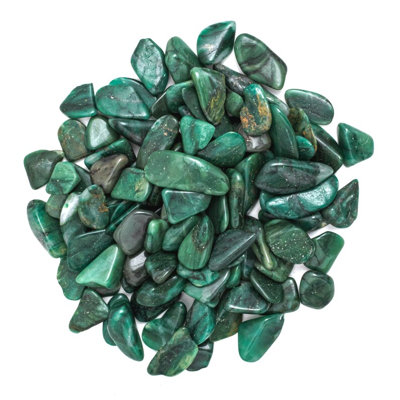 May include: A large pile of green aventurine tumbled stones. The stones are smooth and polished, with a variety of shapes and sizes.