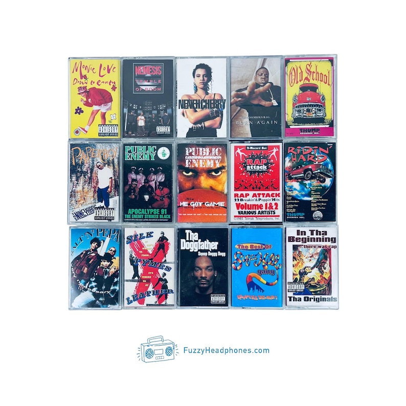 May include: A collection of vintage cassette tapes featuring album art from various hip-hop artists. The tapes showcase a variety of colors and designs, with text including artist names and album titles. The image includes the website FuzzyHeadphones.com.
