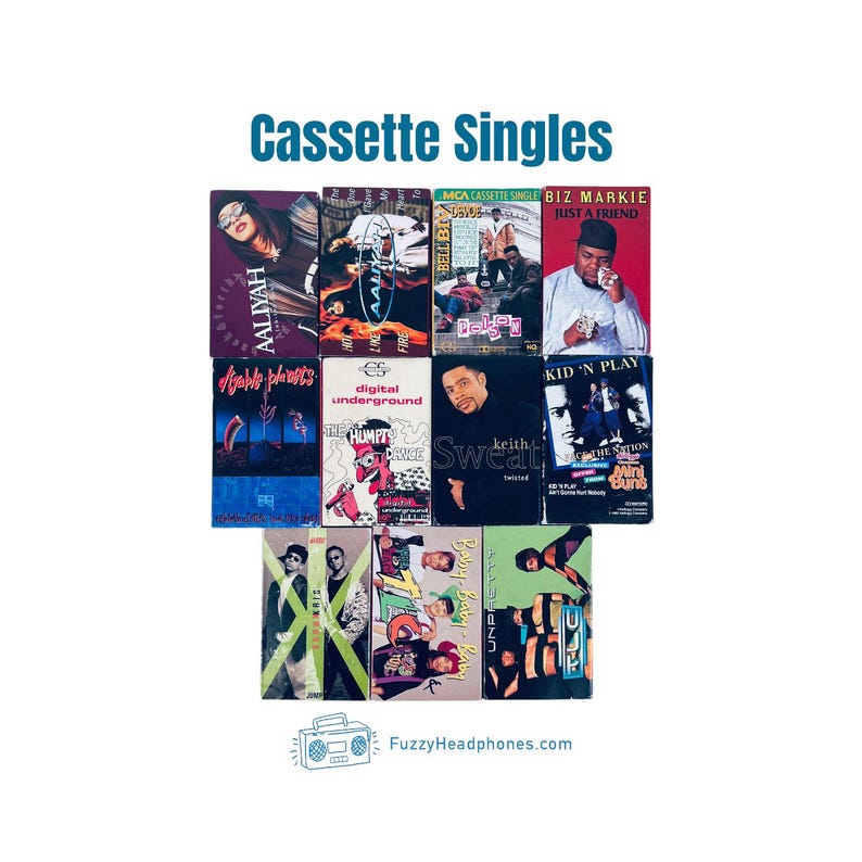 May include: A collection of vintage cassette singles featuring various artists, including Aaliyah, Biz Markie, and TLC. The image displays the cassette tapes with their album art, showcasing a variety of colors and designs. The text "Cassette Singles" is at the top.