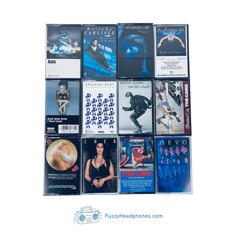 Peut inclure: Une collection de douze cassettes audio vintage avec des pochettes d'albums vari&eacute;es. Les cassettes pr&eacute;sentent des couleurs et des illustrations diverses, avec des images de musiciens et de logos de groupes. Le texte "FuzzyHeadphones.com" est inclus.
