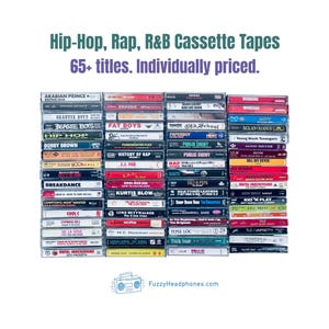 May include: A collection of vintage Hip-Hop, Rap, and R&B cassette tapes. The image features over 65 titles, with artists like Beastie Boys, Public Enemy, and TLC. The text on the image reads "Hip-Hop, Rap, R&B Cassette Tapes 65+ titles. Individually priced."