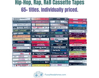 May include: A selection of vintage Hip-Hop, Rap, and R&B cassette tapes. The image shows over 65 titles, including artists like Beastie Boys, Public Enemy, and TLC. The text on the image reads "Hip-Hop, Rap, R&B Cassette Tapes 65+ titles. Individually priced."