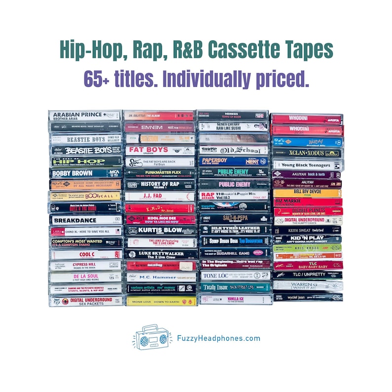 May include: A collection of vintage Hip-Hop, Rap, and R&B cassette tapes. The image features over 65 titles, with artists like Beastie Boys, Public Enemy, and TLC. The text on the image reads "Hip-Hop, Rap, R&B Cassette Tapes 65+ titles. Individually priced."
