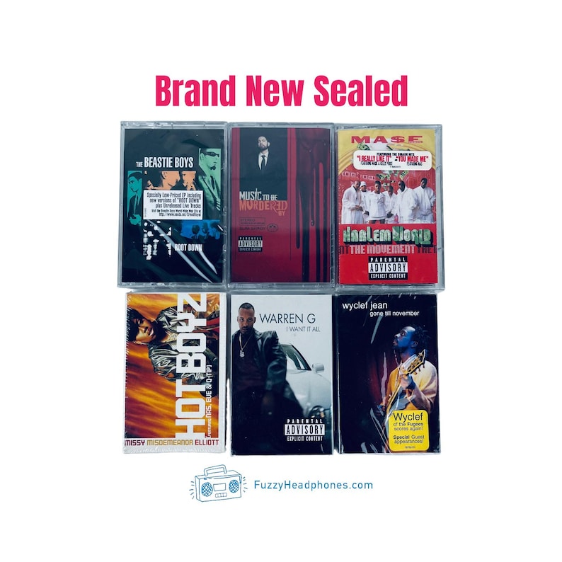 May include: A collection of six sealed cassette tapes featuring album art from various artists. The tapes include titles like "The Beastie Boys," "Music to be Murdered By," and "Hot Boyz." The text "Brand New Sealed" is displayed at the top.