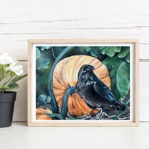 Harvest Shadows Print - Crow Pumpkin Oil Painting