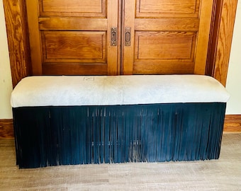 SOLD-Handmade Cowhide Bench with Fringe | Western Rustic Entryway or Bedroom Bench | Custom Upholstered Furniture. Made to order****