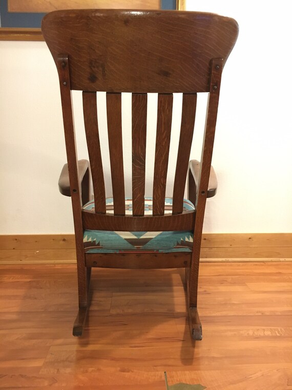 SOLD Reupholstered Antique Tiger Oak Rocking Chair. Made to Order