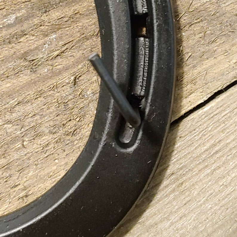May include: Black horseshoe with a metal nail sticking out of the top hole.