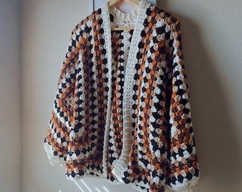 Handmade Crochet Hexagon Cardigan – Cozy Mom Sweater, Boho Chic Open Front