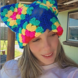 Crochet granny square cat beanie