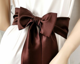 Wide Satin Belt for women 20 colors Brown sash for dress Long chocolate satin bow belt