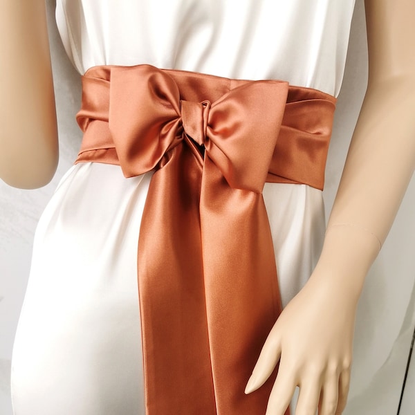 Terracotta satin dress belt Rust bridal dress sash Long rust wedding bridesmaid belt