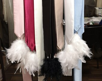 White satin belt with feathers Custom length dress sash belt with white or black feathers