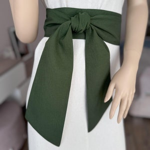 Green Wide flax linen sash belt for dress, suit, pants, skirt, robe, kimono Boho belt Custom length sash