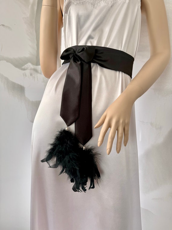 belt with Black feathers Black satin sash belt for skirt or dress with feathers Long belt custom size belt with Black feathers Black satin sash belt for skirt or dress with feathers Long belt custom size