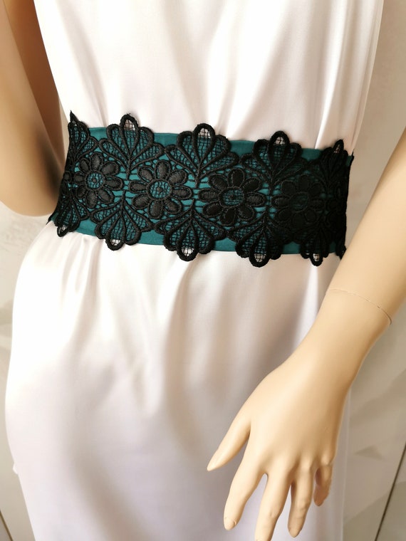 Green Belt with Black Lace Emerald Bridal Lace Sash Belt for Wedding Dress or Bridesmaid Dress