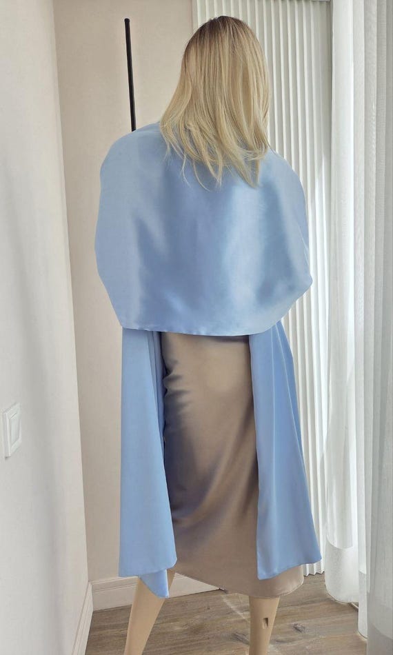 light blue shawl for dress Satin Wrap, Elegant Evening Scarf, Extra Long Stole, Bridal Cover Up, Long Satin Wrap, Formal Wedding Shawl Ruched Asymmetrical Cut Out or long scarf occasion-Day Event occasion-Graduation Size:XS Petite