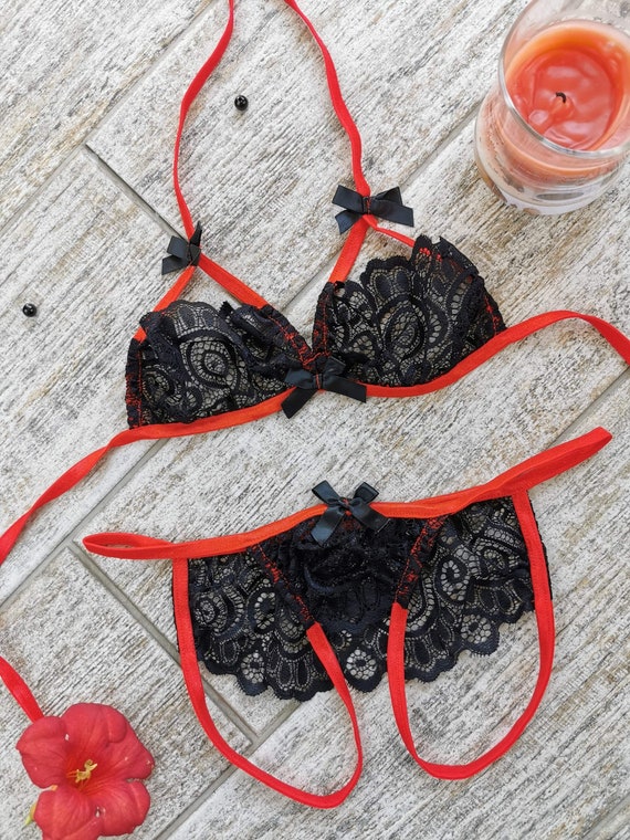 Sexy Lingerie Lace Set Black Red Crotchless See Through Lingerie