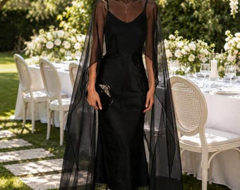 Black Chiffon Cape, Long Sheer Wedding & Evening Dress Cover Up