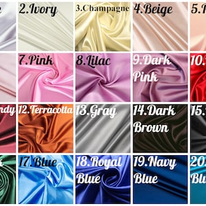 May include: Swatch card of 20 different satin fabric colors. The colors are: white, ivory, champagne, beige, peach, light pink, pink, lilac, dark pink, red, burgundy, terracotta, gray, dark brown, black, dark green, blue, royal blue, navy blue, and aqua blue.