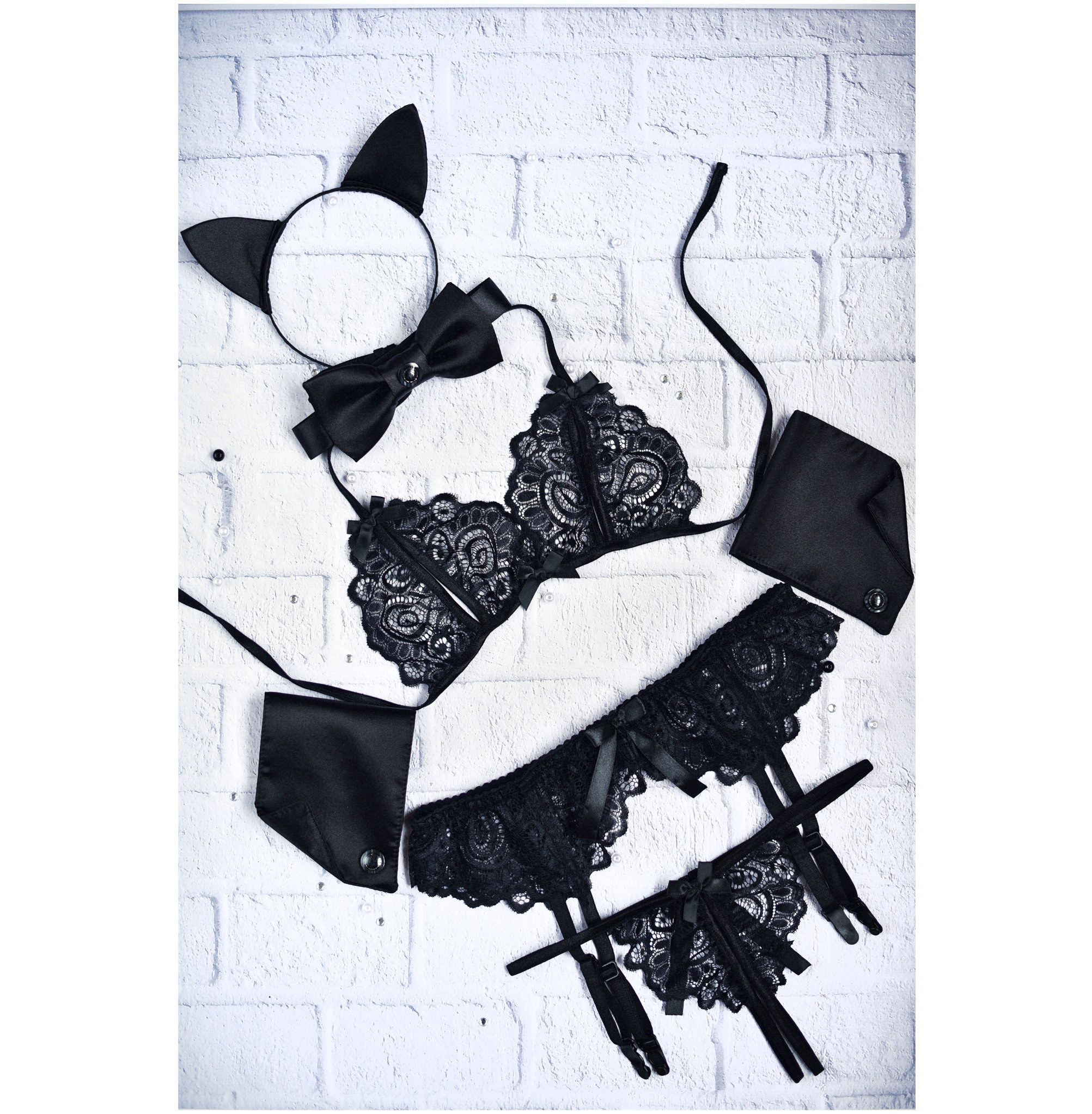 Black Cat Role Play Crotchless Lingerie Set See Through Cat Ears Pet Play  Lace Garter Belt Lingerie Sexy Lingerie Erotique Sheer Lingerie