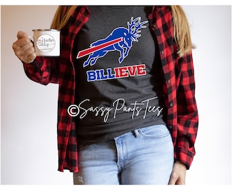 Billieve Buffalo Reindeer, Bills Christmas Shirt, Buffalo Christmas, Bills Reindeer, SassyPantsTees, Unisex Jersey Short Sleeve Tee, DTG
