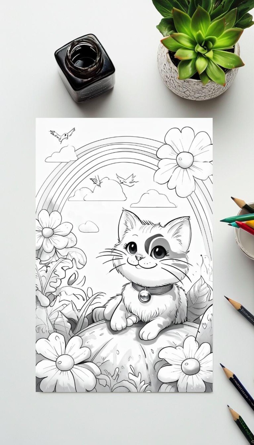 Kitten and Rainbow Coloring Page - Etsy