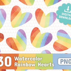 30 corações arco-íris | Corações aquarela | Dia do Orgulho LGBTQ+ | Dia dos Namorados | Arquivo PNG | Ilustração Digital | Coração, jogo Clipart