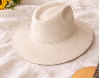 White Wide Brim Fedora Hat, Classic Western Boho Felt Style