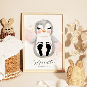Póster de bebé "Pingüino" para huellas | DIN A4, A3 o digital | Personalizado | Habitación infantil | Póster de nacimiento n.° 16