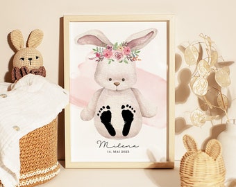 Baby Poster "Bunny Rose" for Footprints | DIN A4, A3 or Digital | Personalized | Children's room | Birth poster #23