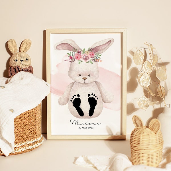 Baby Poster "Bunny Rose" für Fußabdrücke | DIN A4, A3 oder Digital | Personalisiert | Kinderzimmer | Geburtsposter #23