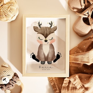 Baby Poster "Reh / Rentier" für Fußabdrücke | DIN A4, A3 oder Digital | Personalisiert | Kinderzimmer | Geburtsposter #44