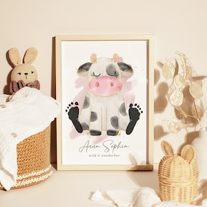 Poster per neonati "Mucca" per impronte | DIN A4, A3 o digitale | Personalizzato | Cameretta | Poster nascita n. 51