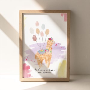 Póster invitado “Colorful Lama” personalizado | para huellas dactilares | Póster DIN A4 /DIN A3 | Alternativa al libro de visitas | P003