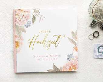 G\u00e4stebuch Hochzeit mit Fragen Kraftpapier Boho Marsala Individuell personalisiert wei\u00dfe Seiten Blumendeko Aquarell