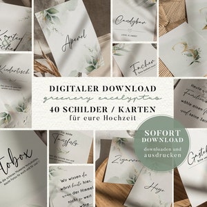 Signs/cards for your wedding with eucalyptus "greenery eucalyptus" | Digital Download | To print yourself | 40 motifs | set