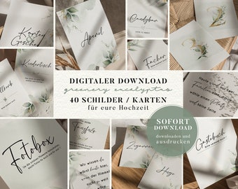 Signs/cards for your wedding with eucalyptus "greenery eucalyptus" | Digital Download | To print yourself | 40 motifs | set