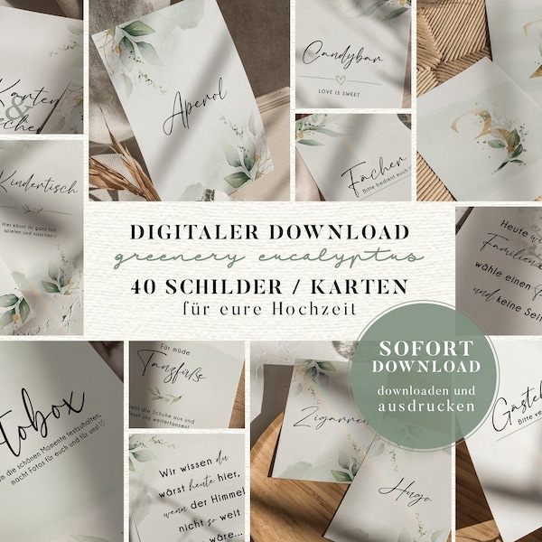 Signs/cards for your wedding with eucalyptus "greenery eucalyptus" | Digital Download | To print yourself | 40 motifs | set