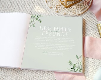 Libro Degli Ospiti Per Matrimonio Con Domande – 50 Voci, 108 Pagine, Copertina Rigida Verde Con Eucalipto E Scritte Oro, Formato 21x21 Cm
