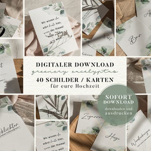 Panneaux/cartes pour votre mariage avec eucalyptus « Eucalyptus Sage » | Téléchargement numérique | Pour vous imprimer | 40 motifs | Ensemble |