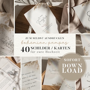 May include: A collection of printable wedding signs and cards with a bohemian pampas grass design. The signs feature text like "Guestbook", "Kids Table", and "Aperol". The text "40 Signs/Cards for your wedding" is also visible.