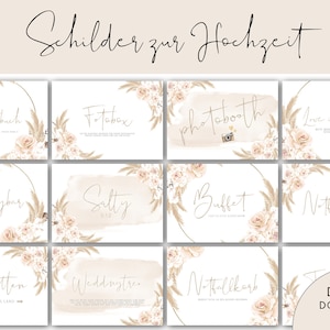 May include: A set of 10 printable wedding signs with a boho theme. The signs feature a watercolour background with floral accents and calligraphy text. The signs include: Guestbook, Photo Booth, Love is Sweet, Candy Bar, Salty Bar, Buffet, Toiletten, Weddingstre, Nothallkarb, and Digital Download 70 Stück.