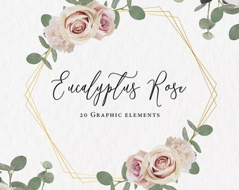 WATERCOLOR Floral Elements | clip art | Eucalyptus Rose | 20 items | bouquet | Wreath | Gold Geometric | Wedding | Vintage | PNG files