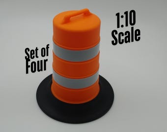 Set of 4 - 1:10 Scale Orange Construction Barrel / Traffic Barrel with removable Black Base Tire Weight (Set of 4)