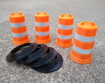 Set of 4 - 1:14 Scale Orange Construction Barrel / Mini Traffic Drum with Removable Black Tire Weight