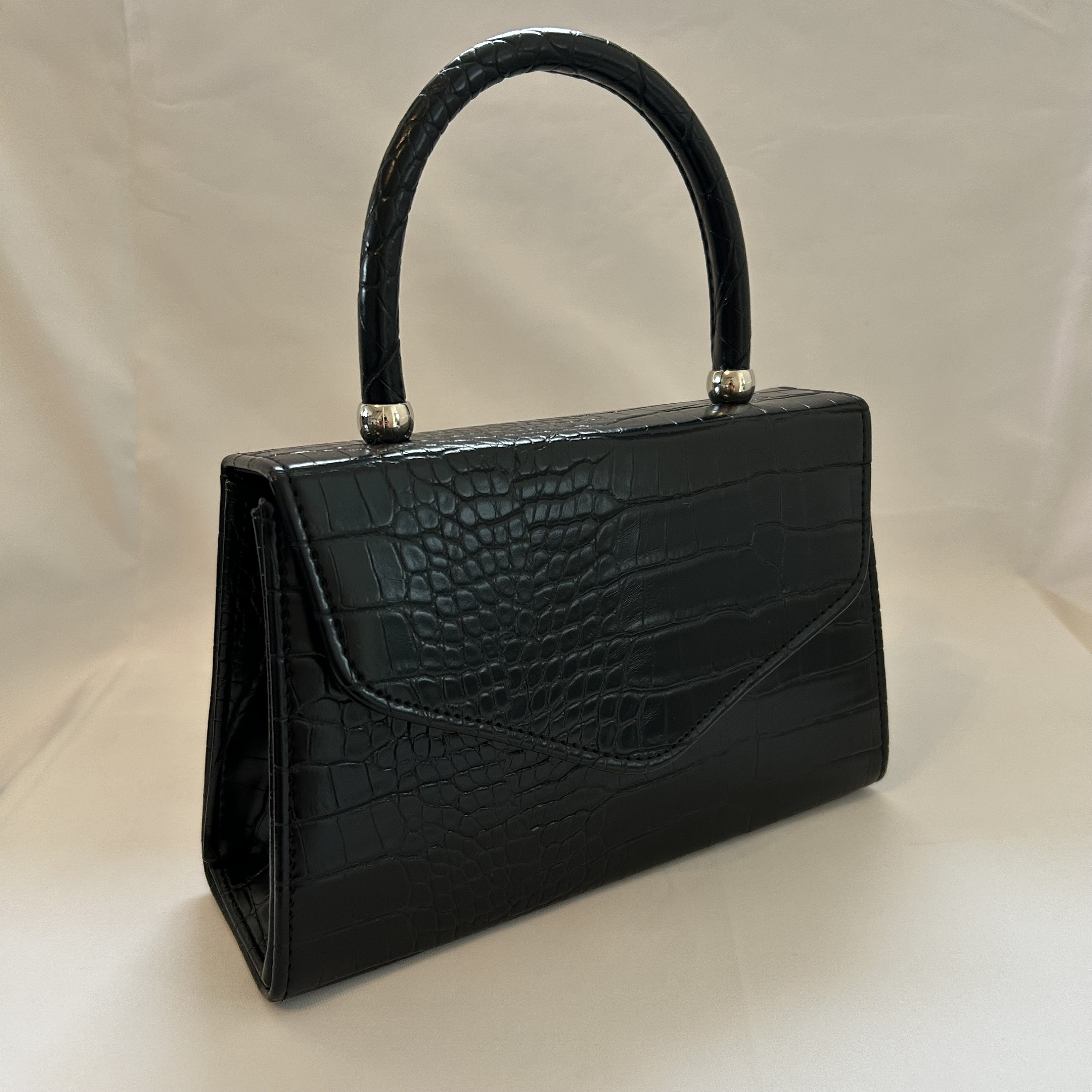 FERNANDE DESGRANGES black baby crocodile skin handbag with pocket