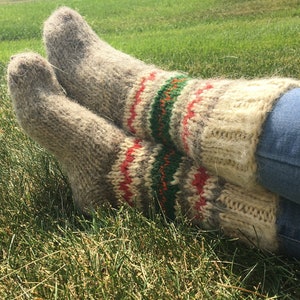 Fair Trade Hand Knitted Fairisle Stripy Woollen Socks Multiple Colours  Knitted Nordic Woolly Slipper Socks 2 Sizes 100% Wool 