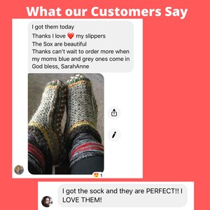 May include: Two pairs of crocheted slippers, one pair is grey with yellow and red stripes, the other pair is grey with green and brown stripes. The slippers are worn by a person and the image includes a customer review that says "I got them today Thanks I love my slippers The Sox are beautiful Thanks can't wait to order more when my moms blue and grey ones come in God bless, SarahAnne" and "I got the sock and they are PERFECT!! I LOVE THEM!"